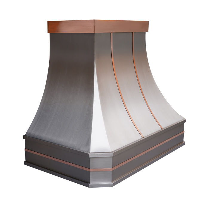 custom stainless steel range hood curved shape with nature copper straps and crown at RangeHoodMaster