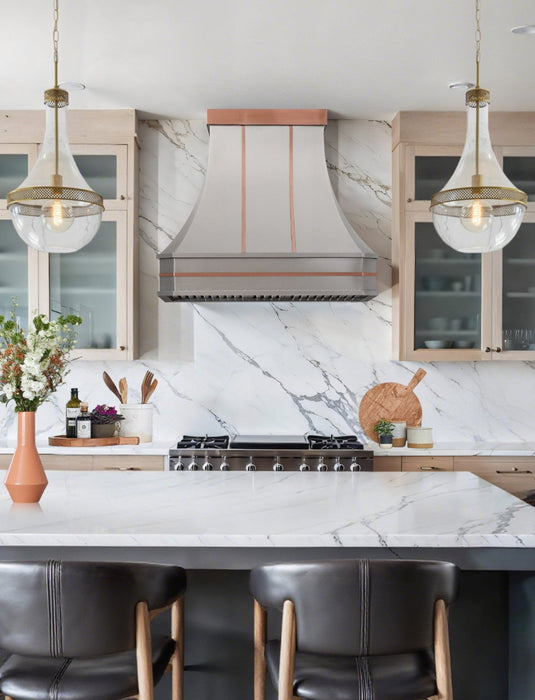 custom stainless steel range hood curved shape with nature copper straps and crown at RangeHoodMaster