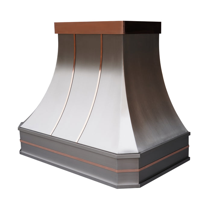 custom stainless steel range hood curved shape with nature copper straps and crown at RangeHoodMaster