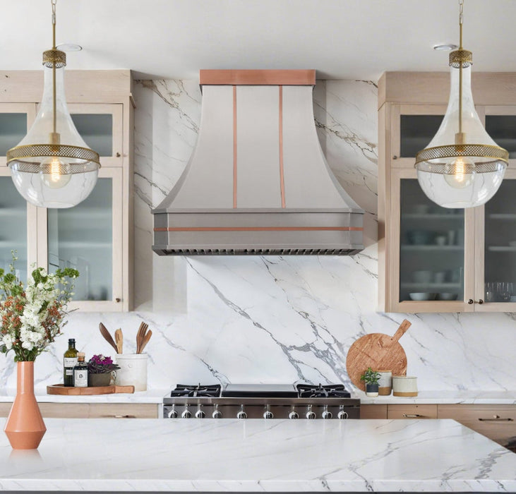 custom stainless steel range hood curved shape with nature copper straps and crown at RangeHoodMaster
