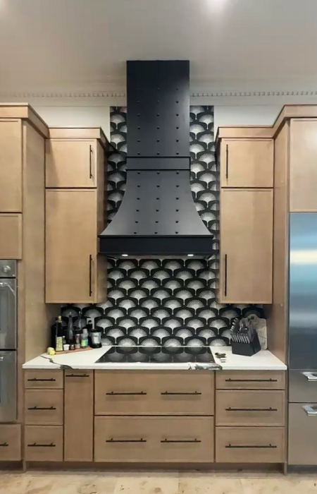 stainless steel range hood matte black color with straps and round rivets for high ceiling