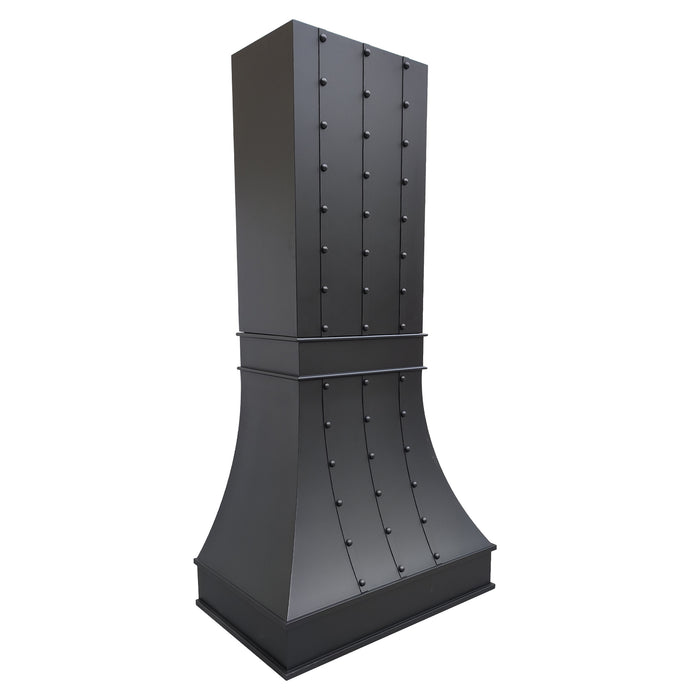 stainless steel range hood matte black color with straps and round rivets for high ceiling