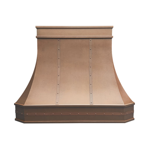 custom copper range hood in clipped corners and curved design in vintage patina smooth finish with straps and rivets
