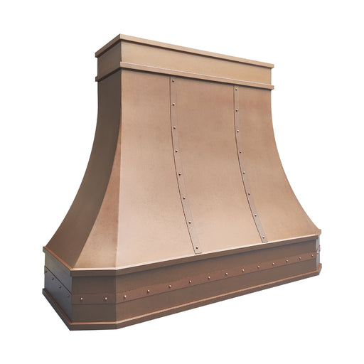 custom copper range hood in clipped corners and curved design in vintage patina smooth finish with straps and rivets