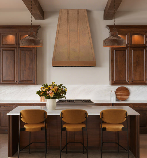 custom copper range hood in vintage patina color finish weather texture taper design at rangehoodmaster
