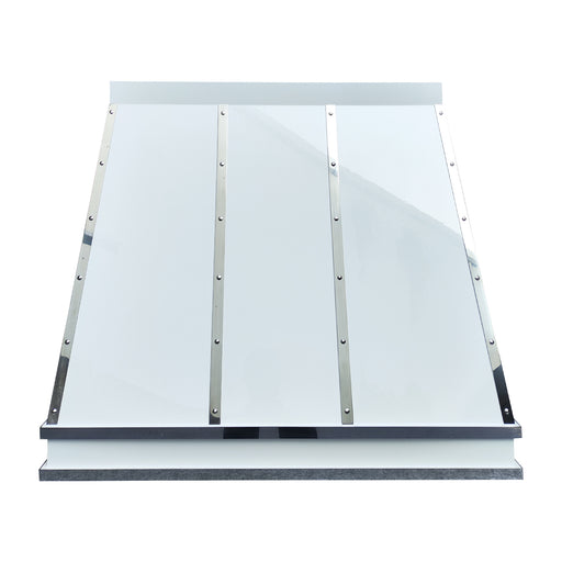 cusom glossy white stainless steel range hood taper shape with polished stainless steel straps and rivets at rangehoodmaster