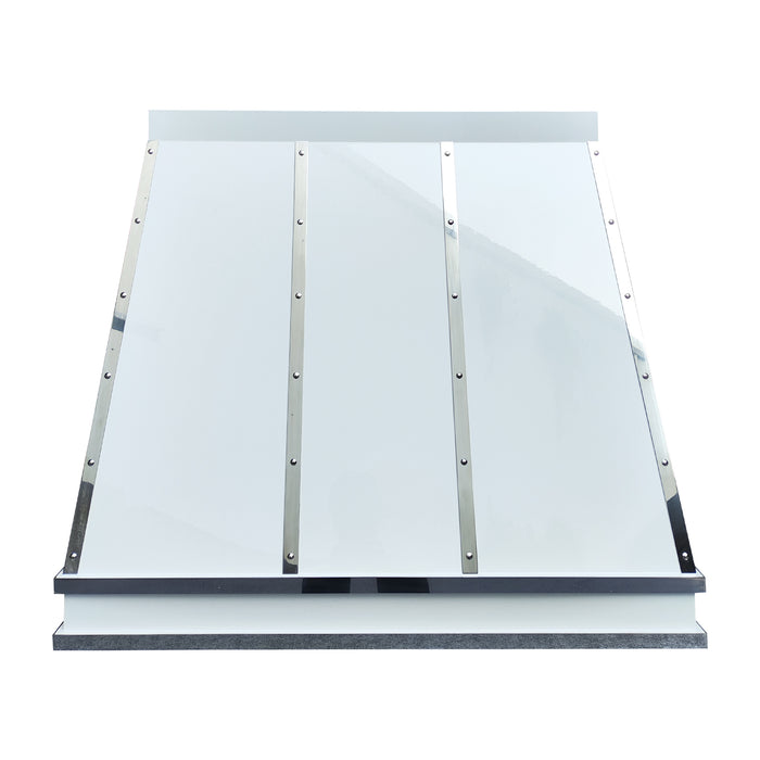 cusom glossy white stainless steel range hood taper shape with polished stainless steel straps and rivets at rangehoodmaster