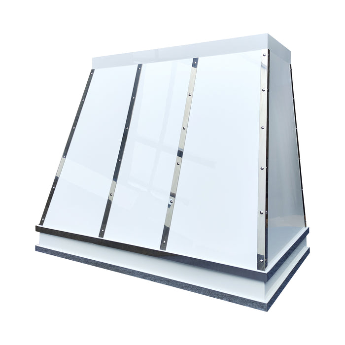 cusom glossy white stainless steel range hood taper shape with polished stainless steel straps and rivets at rangehoodmaster