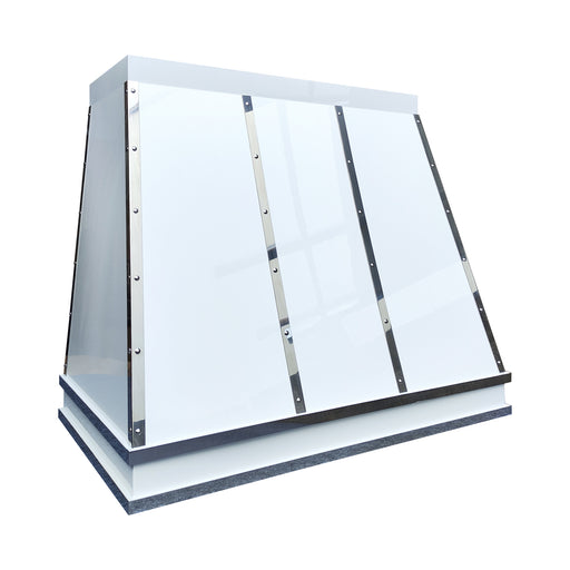 cusom glossy white stainless steel range hood taper shape with polished stainless steel straps and rivets at rangehoodmaster