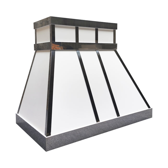 rangehoodmaster white color painted stainless steel range hood taper shape with polished stainless steel straps