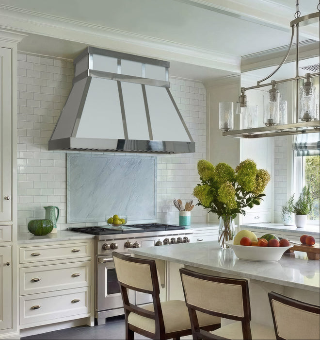 rangehoodmaster white color painted stainless steel range hood taper shape with polished stainless steel straps