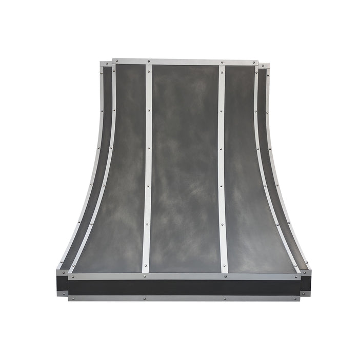 antique blacken zinc range hood in modern curve shape with brushed stainless steel straps and rivets at RangeHoodMaster