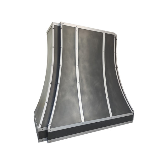 antique blacken zinc range hood in modern curve shape with brushed stainless steel straps and rivets at RangeHoodMaster