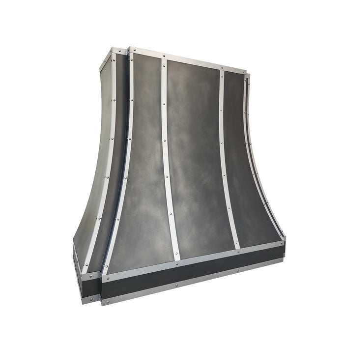 antique blacken zinc range hood in modern curve shape with brushed stainless steel straps and rivets at RangeHoodMaster