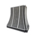 antique blacken zinc range hood in modern curve shape with brushed stainless steel straps and rivets at RangeHoodMaster