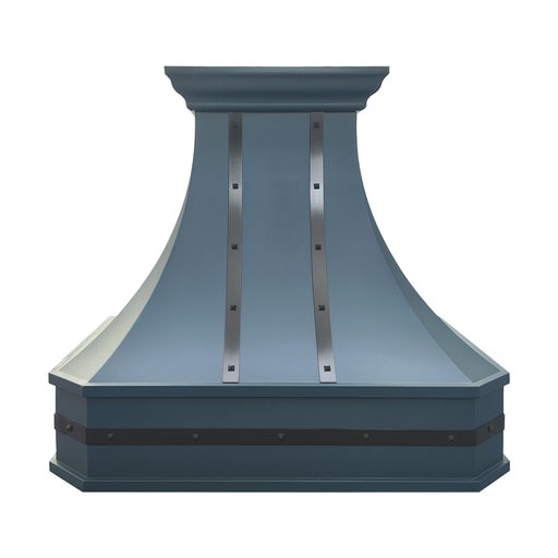 stainless steel range hood with custom blue color and bronze accents