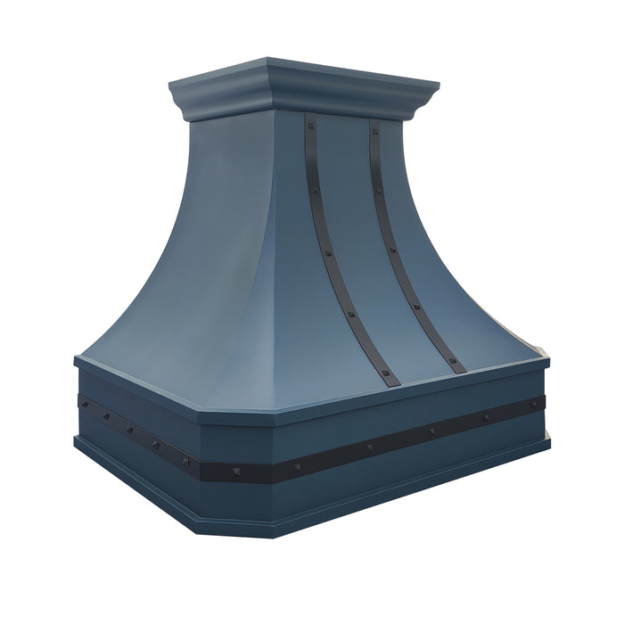 stainless steel range hood with custom blue color and bronze accents