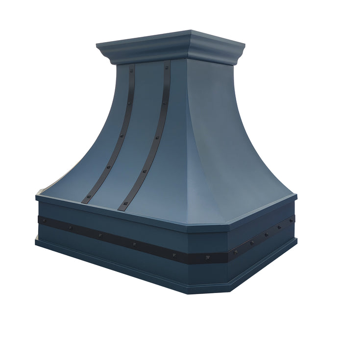 stainless steel range hood with custom blue color and bronze accents