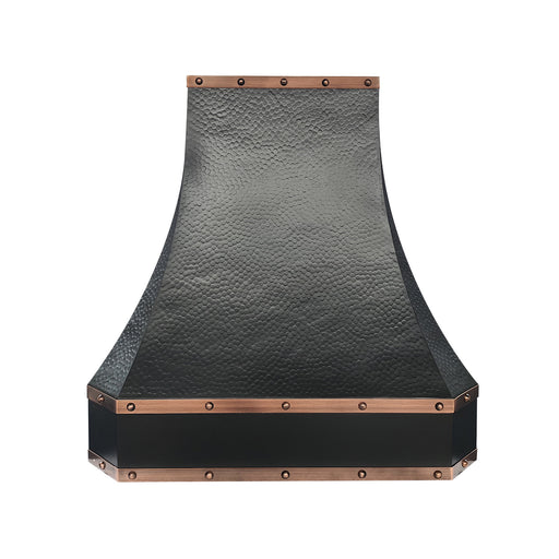 Black hammered copper custom range hood with penny copper rivet & straps