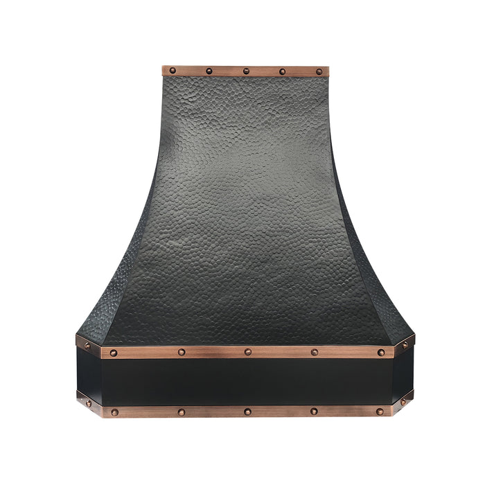 Black hammered copper custom range hood with penny copper rivet & straps