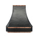 Black hammered copper custom range hood with penny copper rivet & straps