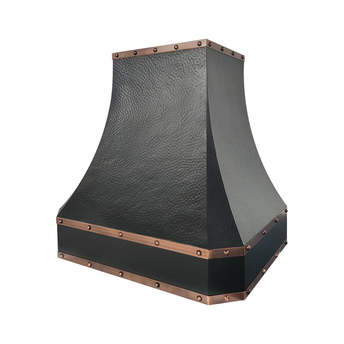 Curved silhouette black hammered copper hood with rivet & straps