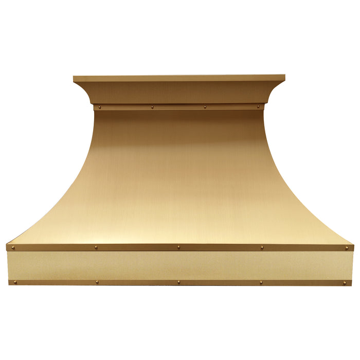 custom decorative metal range hoods in brushed brass finish with crown molding and straps at RangeHoodMaster