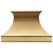 custom decorative metal range hoods in brushed brass finish with crown molding and straps at RangeHoodMaster