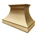custom decorative metal range hoods in brushed brass finish with crown molding and straps at RangeHoodMaster