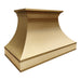 custom decorative metal range hoods in brushed brass finish with crown molding and straps at RangeHoodMaster