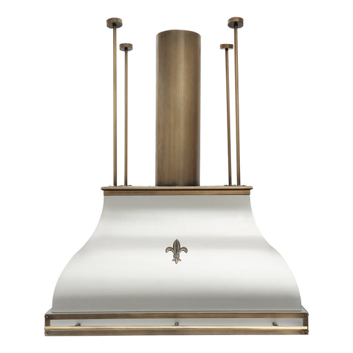 stainless steel range hood in custom RAL painted color and Fleur de lis pattern, with custom brass duct cover and mounting ribs