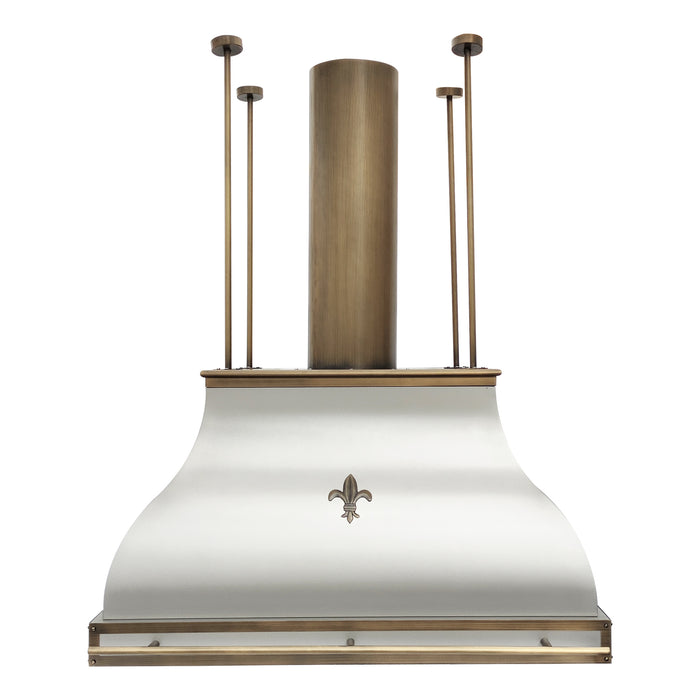 stainless steel range hood in custom RAL painted color and Fleur de lis pattern, with custom brass duct cover and mounting ribs