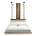 stainless steel range hood in custom RAL painted color and Fleur de lis pattern, with custom brass duct cover and mounting ribs