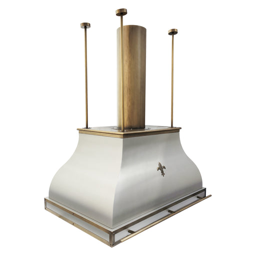 stainless steel range hood in custom RAL painted color and Fleur de lis pattern, with custom brass duct cover and mounting ribs