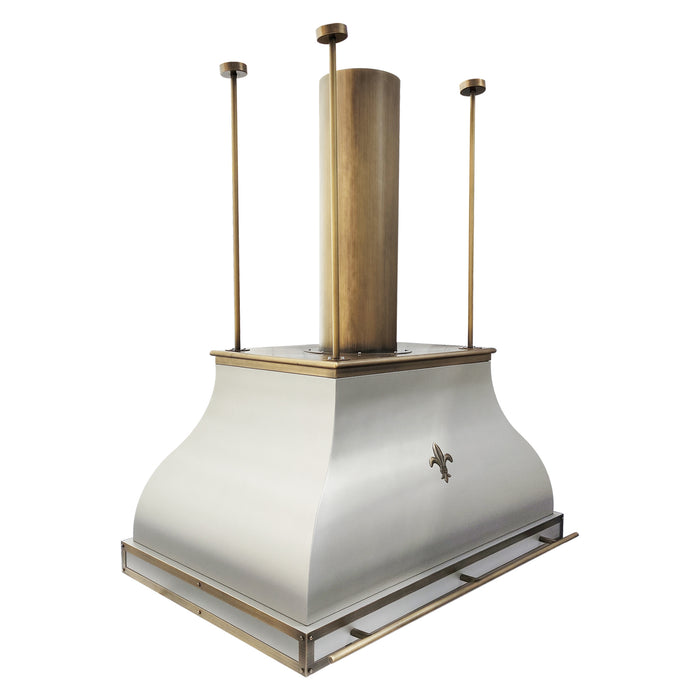 stainless steel range hood in custom RAL painted color and Fleur de lis pattern, with custom brass duct cover and mounting ribs
