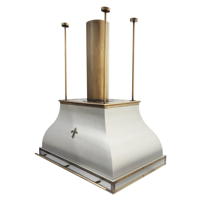 stainless steel range hood in custom RAL painted color and Fleur de lis pattern, with custom brass duct cover and mounting ribs
