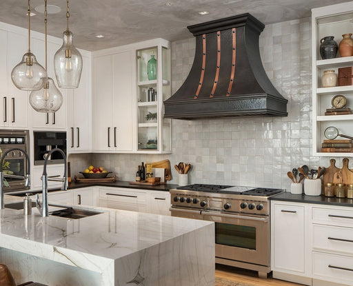 custom farmhouse black copper range hood custom curved shape with natural copper straps and rivets at rangehoodmaster