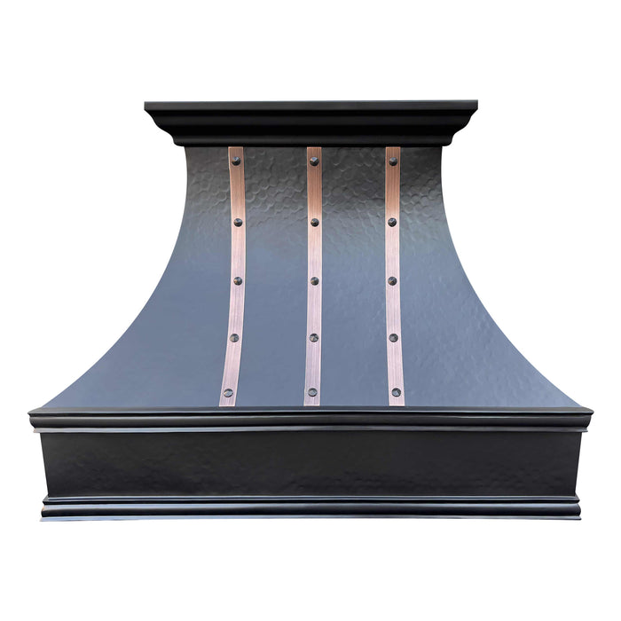 custom farmhouse black copper range hood custom curved shape with natural copper straps and rivets at rangehoodmaster