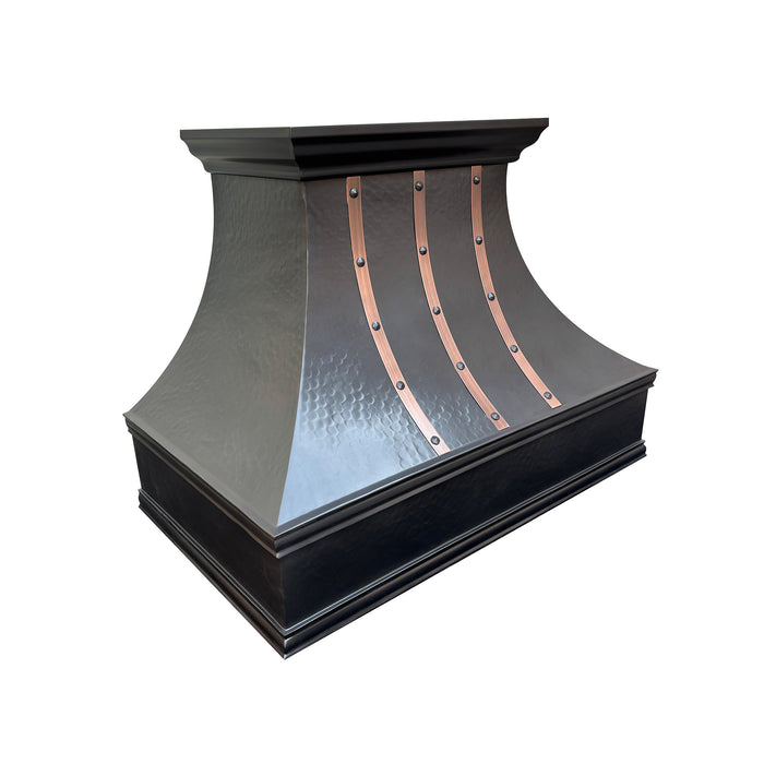 custom farmhouse black copper range hood custom curved shape with natural copper straps and rivets at rangehoodmaster