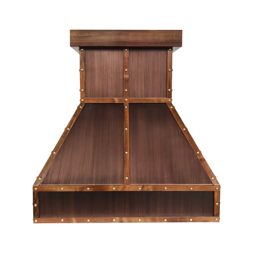 custom farmhouse copper range hood with wood trim angeld shape with rivets at rangehoodmaster
