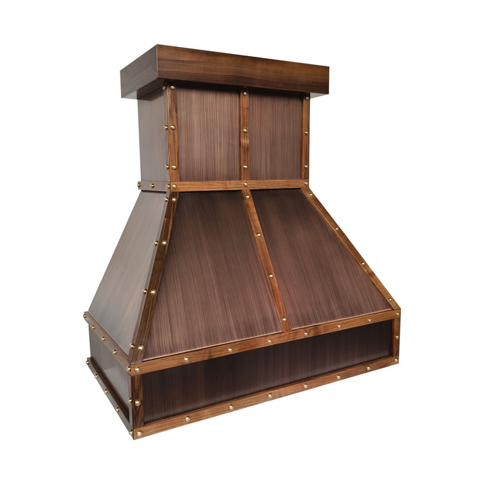 custom farmhouse copper range hood with wood trim angeld shape with rivets at rangehoodmaster