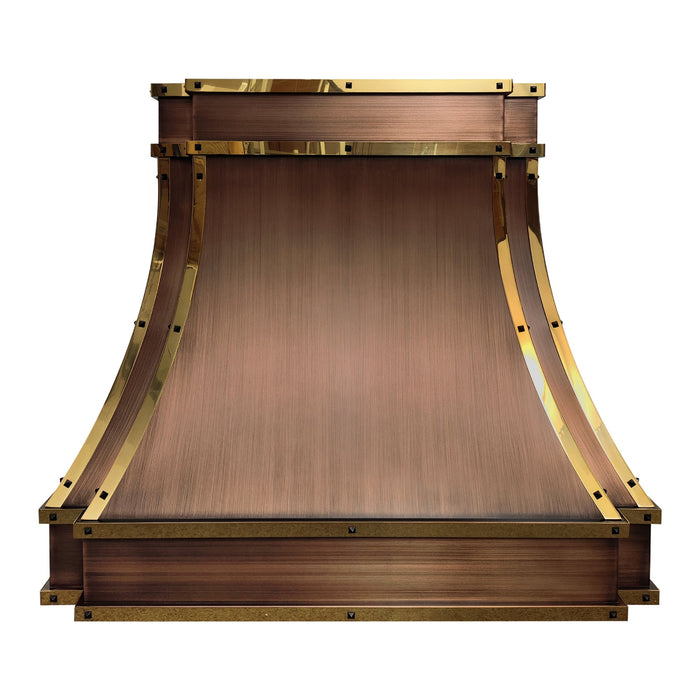custom brushed antique copper range hood in modern curve shape with polished brass straps and rivets at rangehoodmaster
