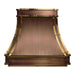 custom brushed antique copper range hood in modern curve shape with polished brass straps and rivets at rangehoodmaster