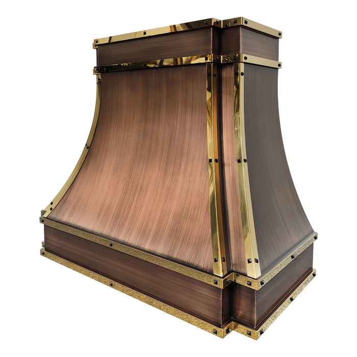 custom brushed antique copper range hood in modern curve shape with polished brass straps and rivets at rangehoodmaster