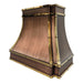 custom brushed antique copper range hood in modern curve shape with polished brass straps and rivets at rangehoodmaster