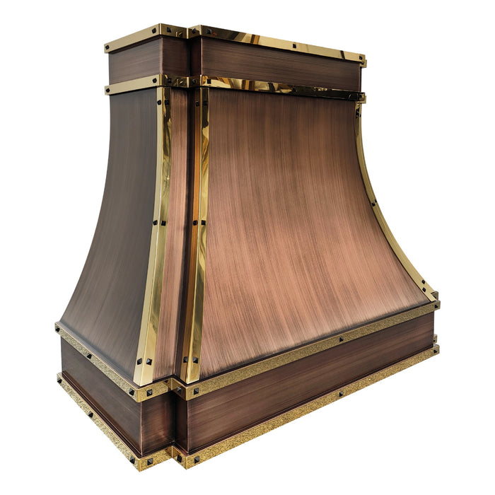 custom brushed antique copper range hood in modern curve shape with polished brass straps and rivets at rangehoodmaster