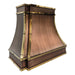custom brushed antique copper range hood in modern curve shape with polished brass straps and rivets at rangehoodmaster