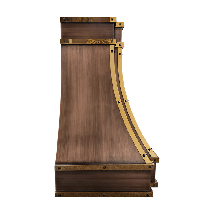 RHM Farmhouse Style Copper Range Hood Custom Curve with Brass Straps CT-VH33-01