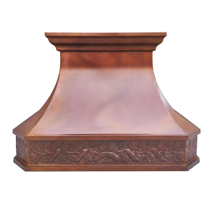 fired copper custom kitchen range hoods curved corner with hand hammered apron pattern from RangeHoodMaster