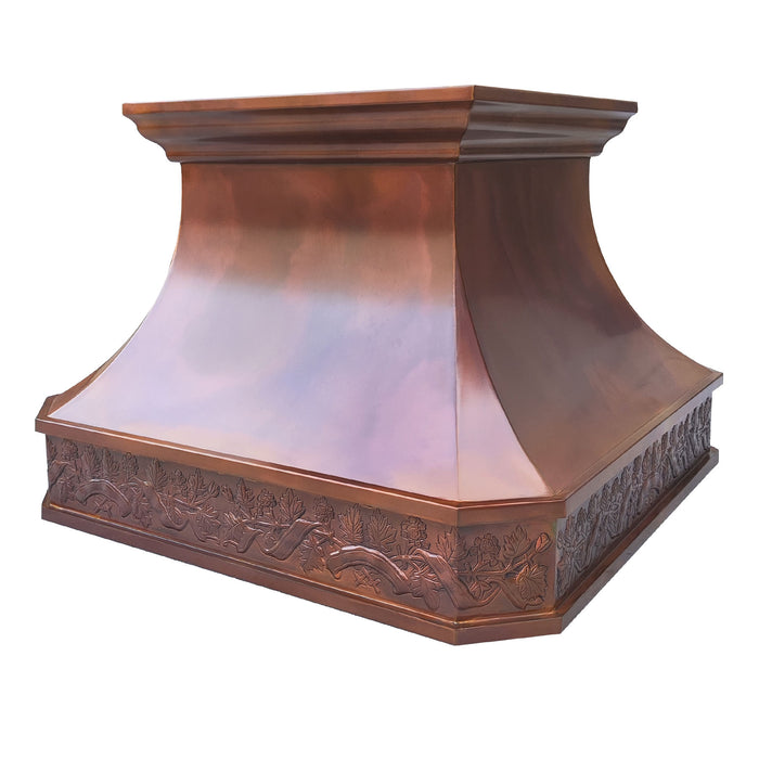 fired copper custom kitchen range hoods curved corner with hand hammered apron pattern from RangeHoodMaster